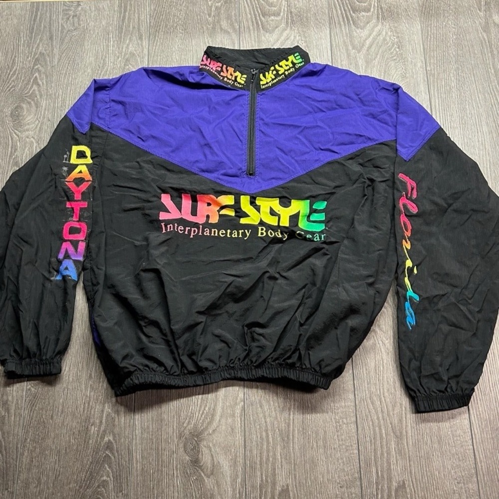 Vintage Surf Style Interplanetary Body Gear Florida Windbreaker Black Purple OS